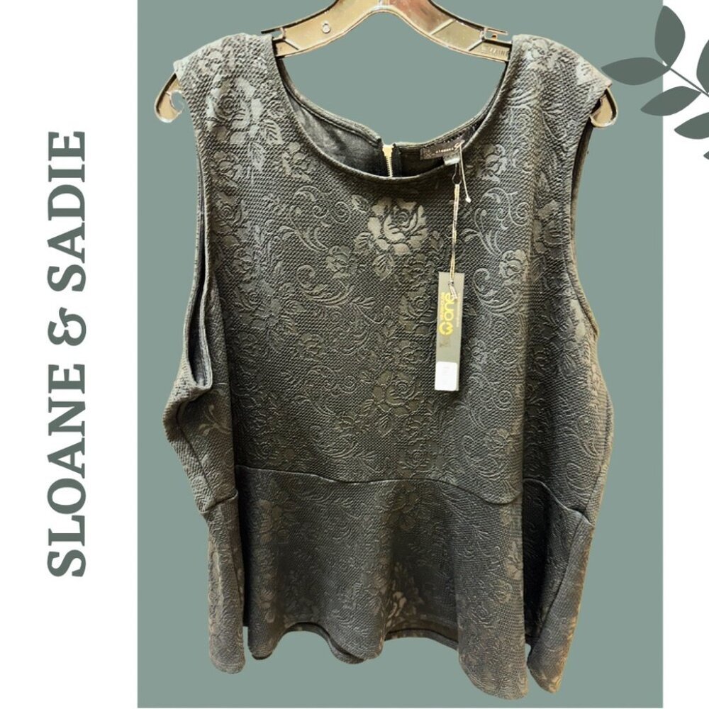 Sloane & Sadie Black Floral Jacquard Print Sleeveless Peplum Top Back Zip XXXL